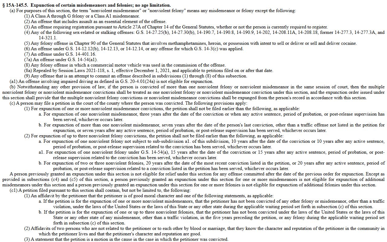 Duplin County criminal court records expunction eligibility statute
